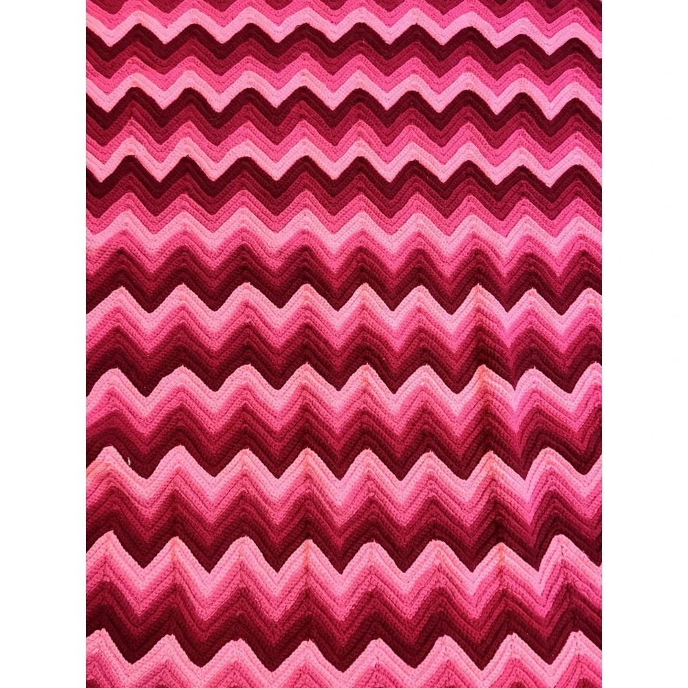 Handmade Crochet Chevron Afghan Throw‎ Blanket Pink Tassel Fringe 50x50 Vintage